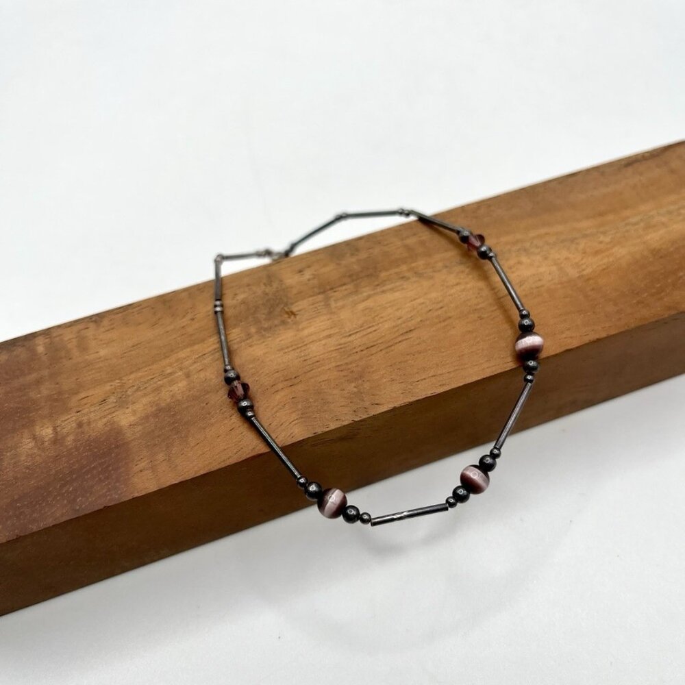 Sterling Silver Bar Link Bracelet Purple Glass Cat Eye Beads Boho Minimalist